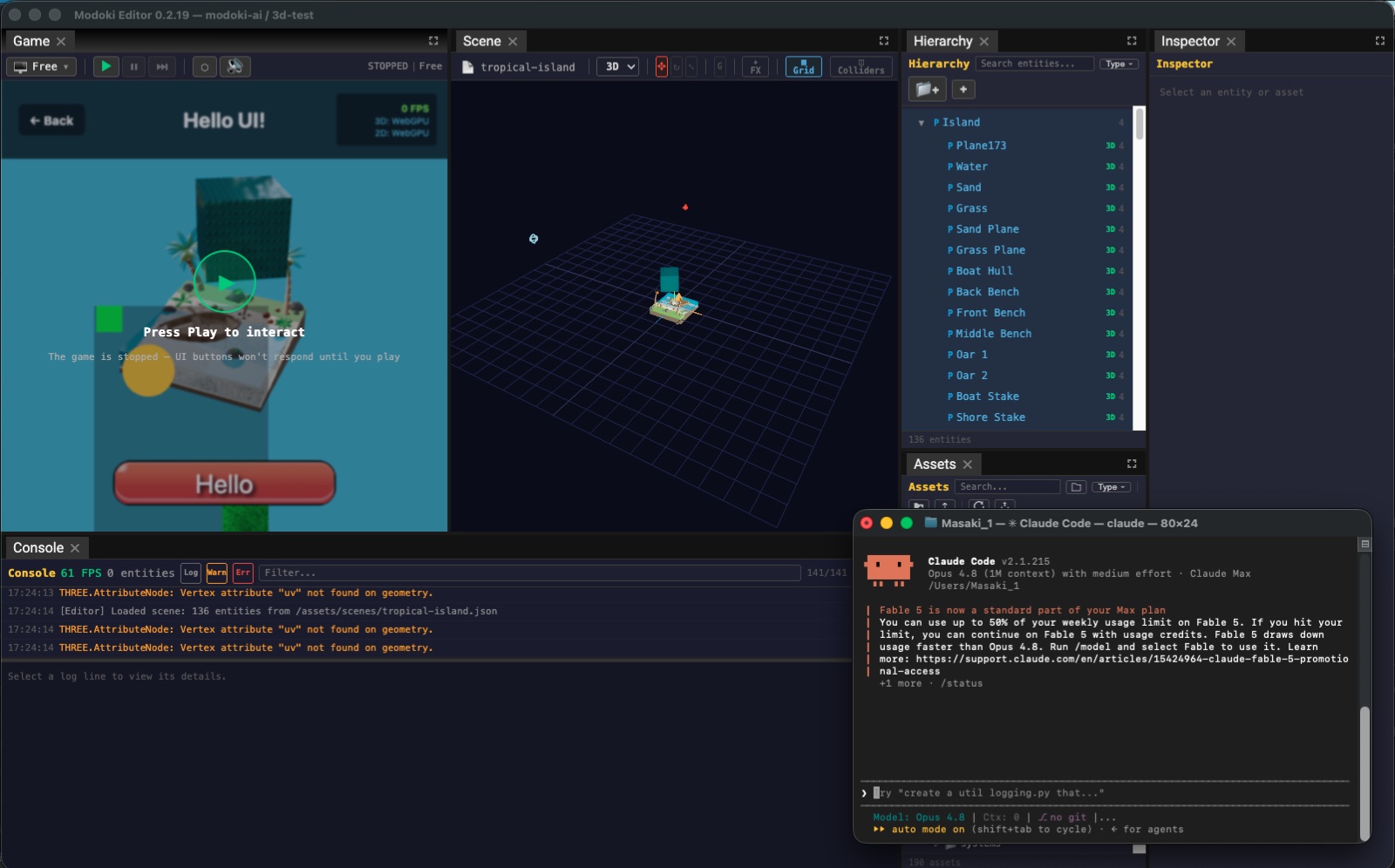 The Modoki editor with Claude Code running in a terminal beside it, building the tropical-island project.