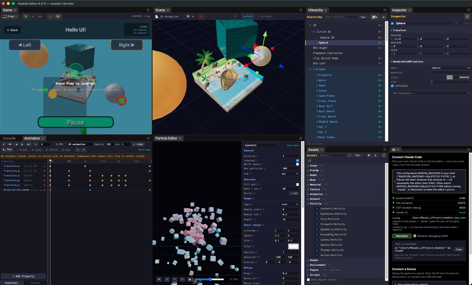 The Modoki editor: Game, Scene, Hierarchy and Inspector panels, an Animation timeline, the Particle Editor, and the AI panel wiring Claude Code into the live project.